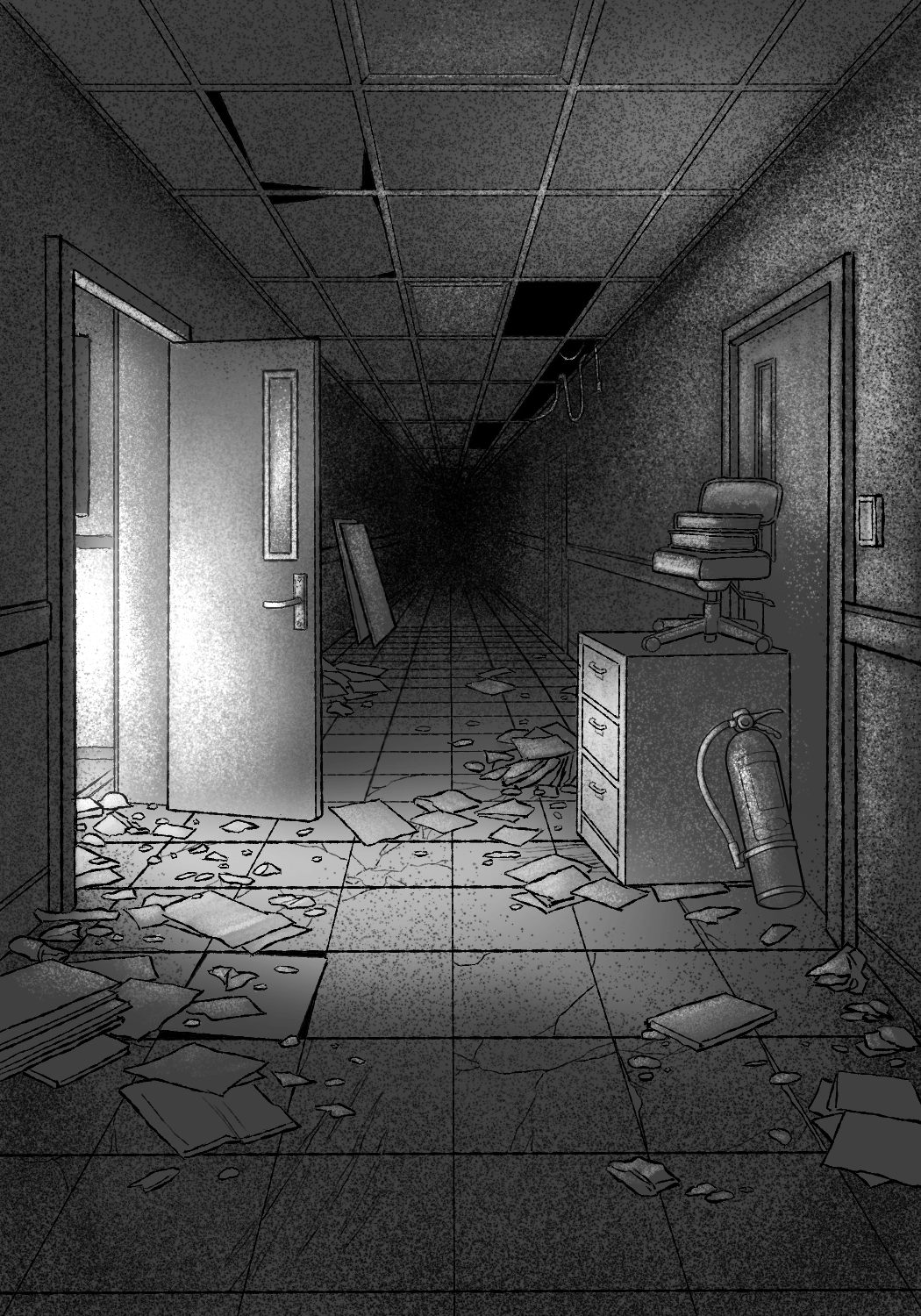 Black and white aftermath illustration used as artifact-storytelling support