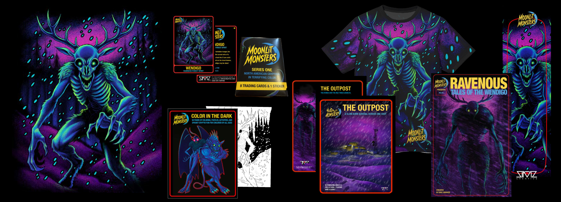 Moonlit Monsters products and formats shown together as a visual lineup