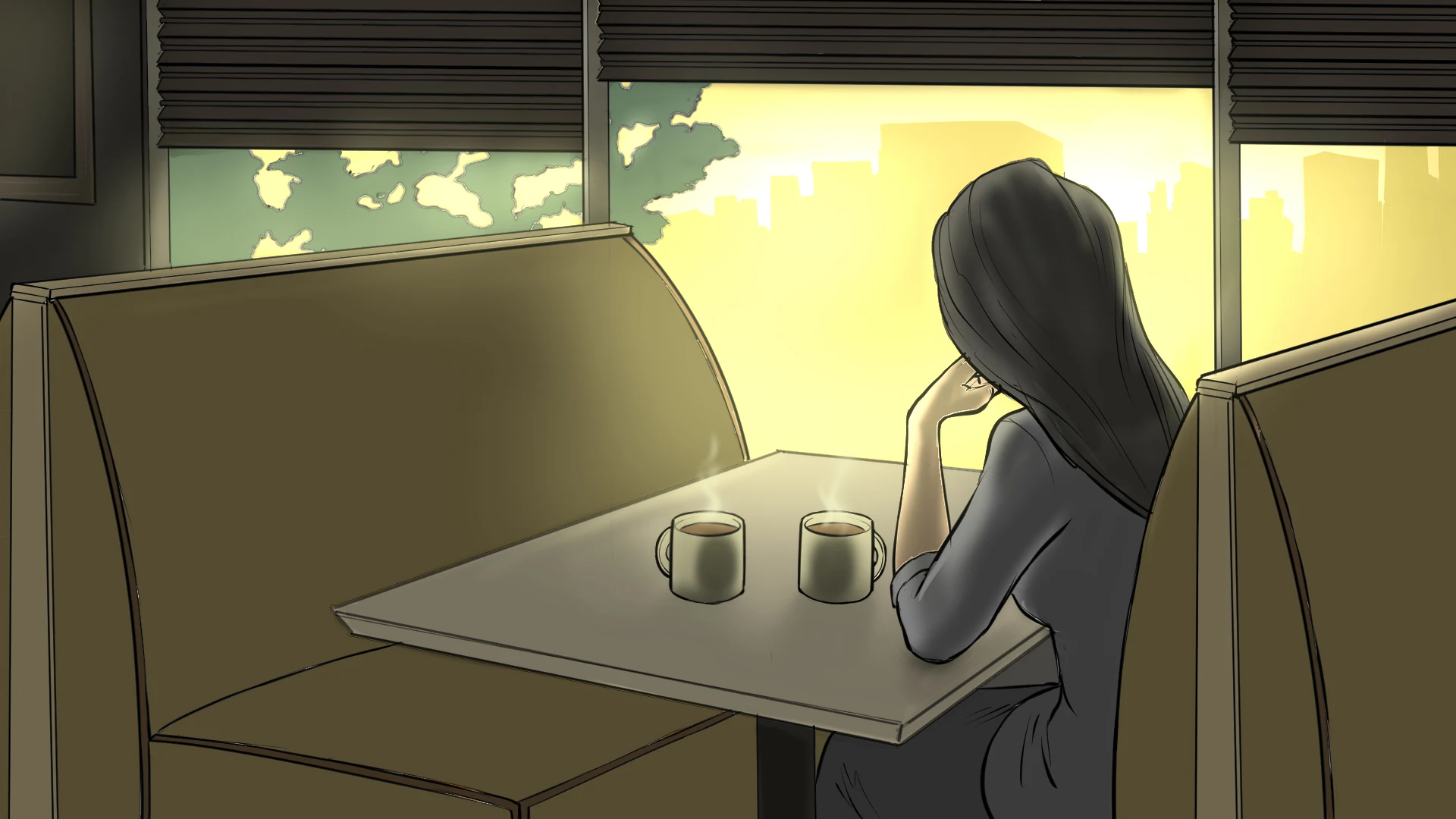 Woman waiting alone at a diner booth with two cups of coffee