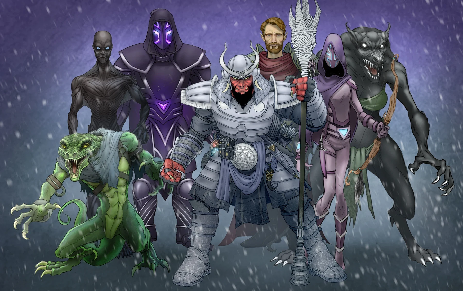 The Mask of Fjorn cast and creature designs assembled in a winter landscape