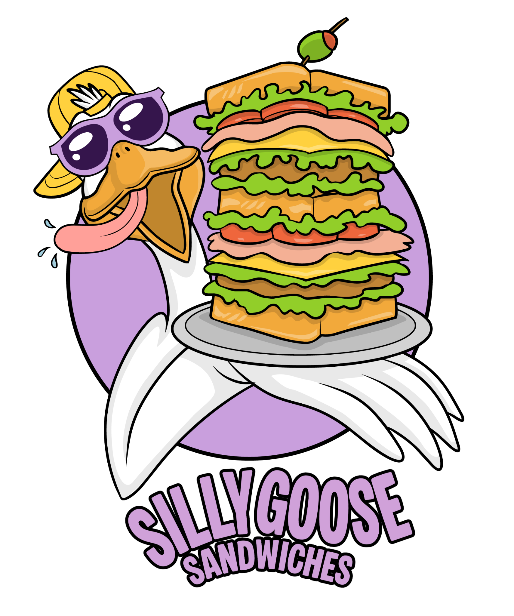 Silly Goose Sandwiches mascot logo: a goose in a backward cap and purple sunglasses holding an oversized sandwich